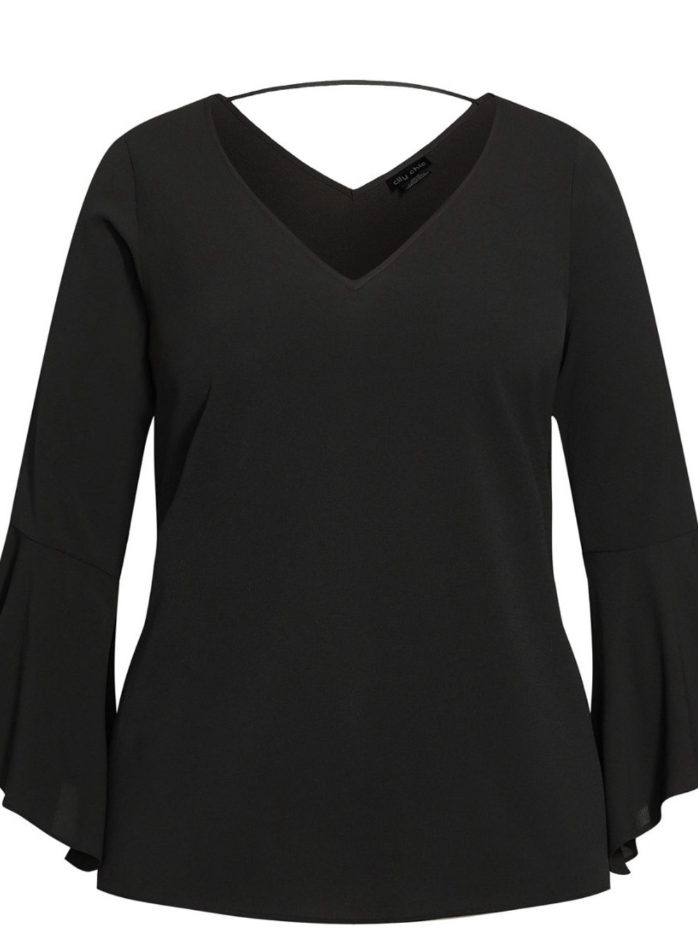 Black V-Neck Bell-Sleeve Top, 20, City Chic